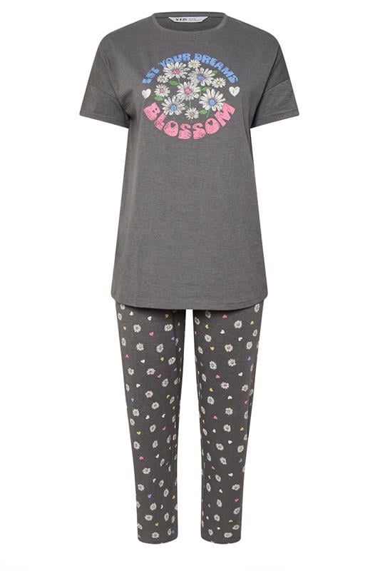 YOURS Curve Grey 'Let Your Dreams Blossom' Floral Wide Leg Pyjama Set