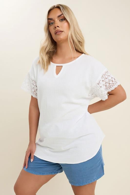 YOURS Curve White Cheesecloth Crochet Top