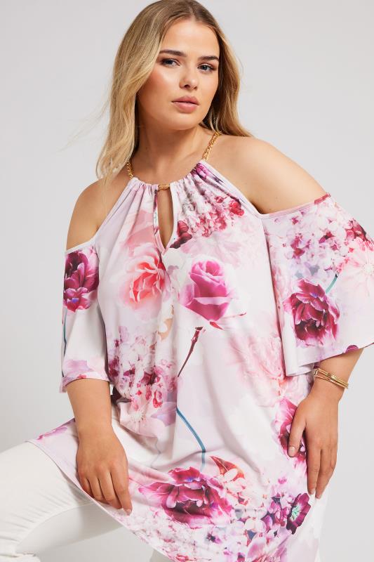 YOURS LONDON Curve Pink Floral Print Cold Shoulder Top