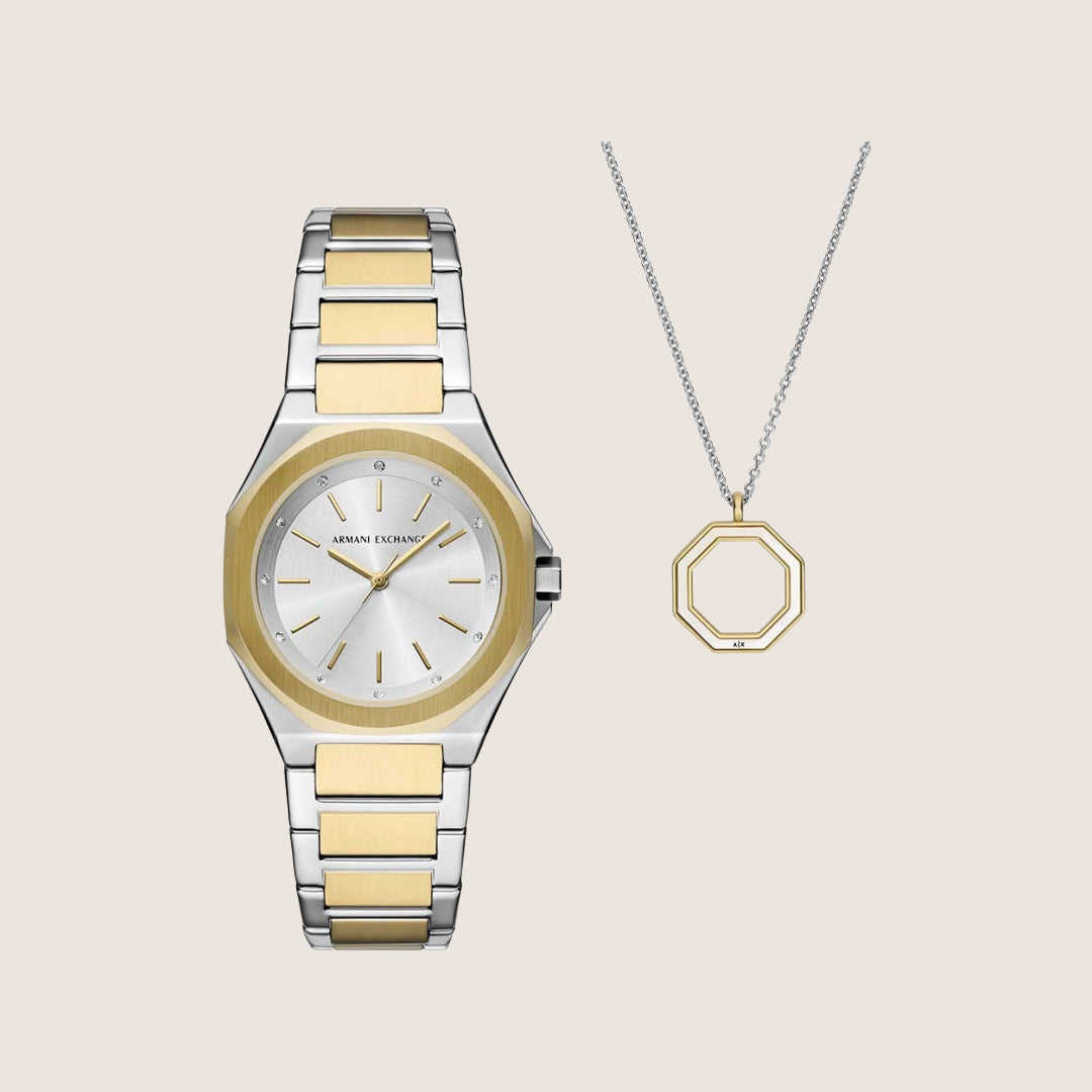 Armani Exchange Women's Dress Watch & Necklace Gift Set Two-Tone Silver Dial AX7161SET