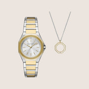 Armani Exchange Women's Dress Watch & Necklace Gift Set Two-Tone Silver Dial AX7161SET