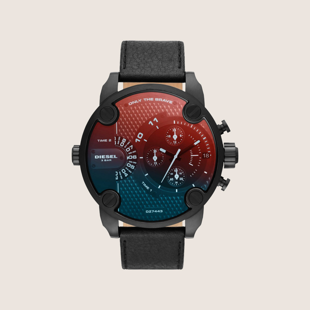 Diesel Mens Little Daddy Chronograph Multicolour Dial Black Leather Strap Watch DZ7443