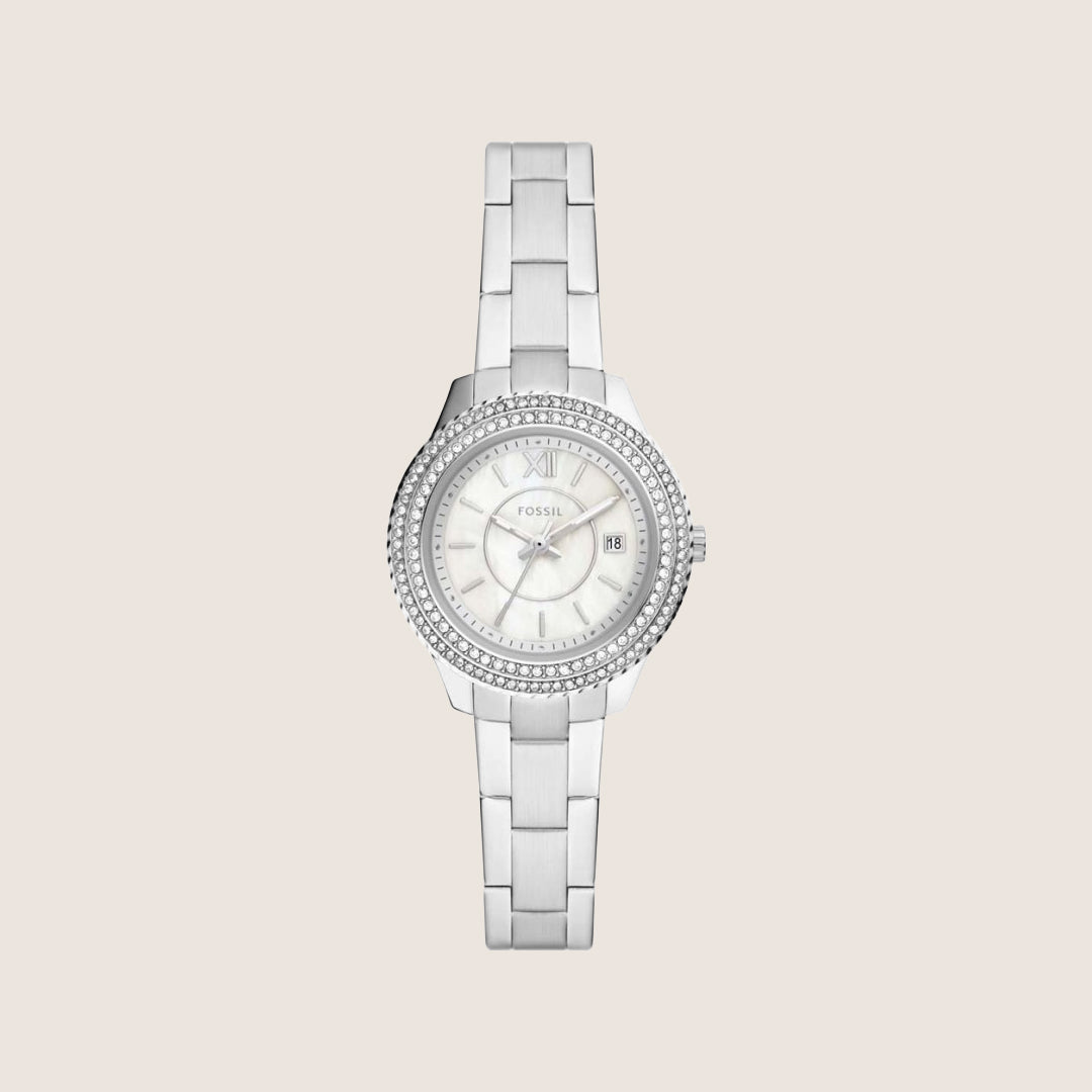 Fossil Women's Stella Silver Mother-of-Pearl Crystal Bracelet Date Watch ES5137