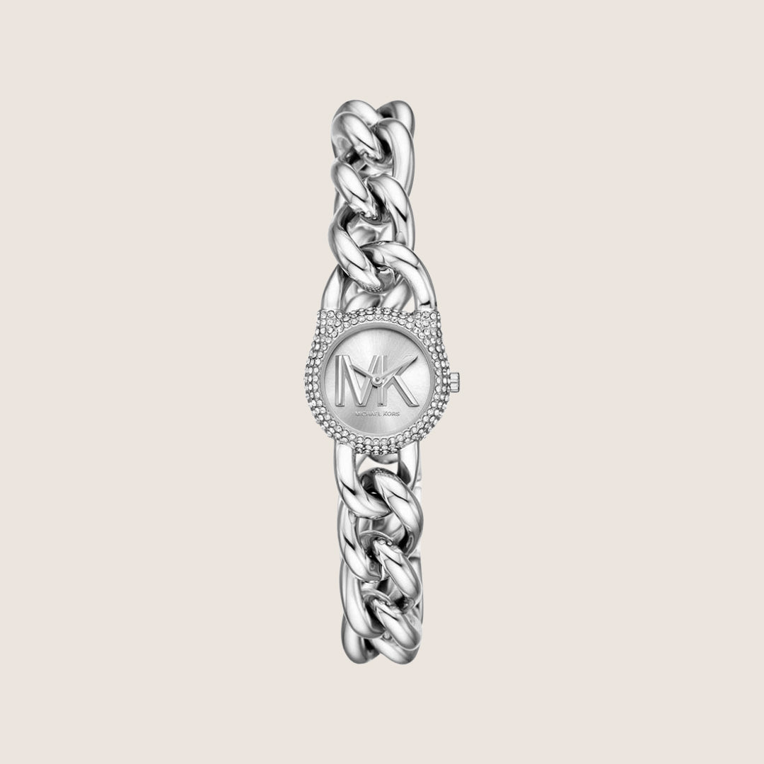 Michael Kors Women's Chain Lock Clear Stone-Set Silver Dial Watch MKO1068