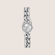 Michael Kors Women's Chain Lock Clear Stone-Set Silver Dial Watch MKO1068