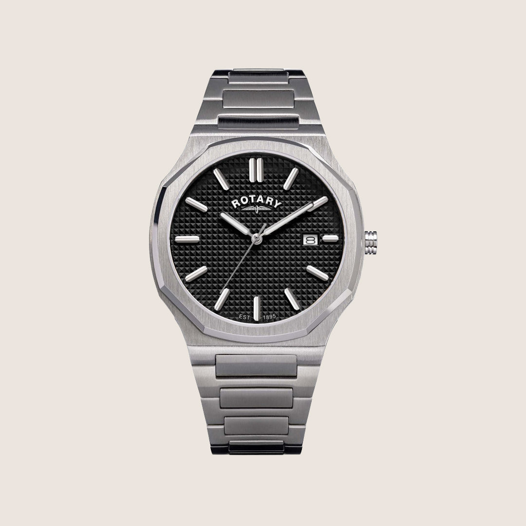 Rotary Mens Heritage Black Dial Gunmetal Octagon Bracelet Watch RGB10019-04