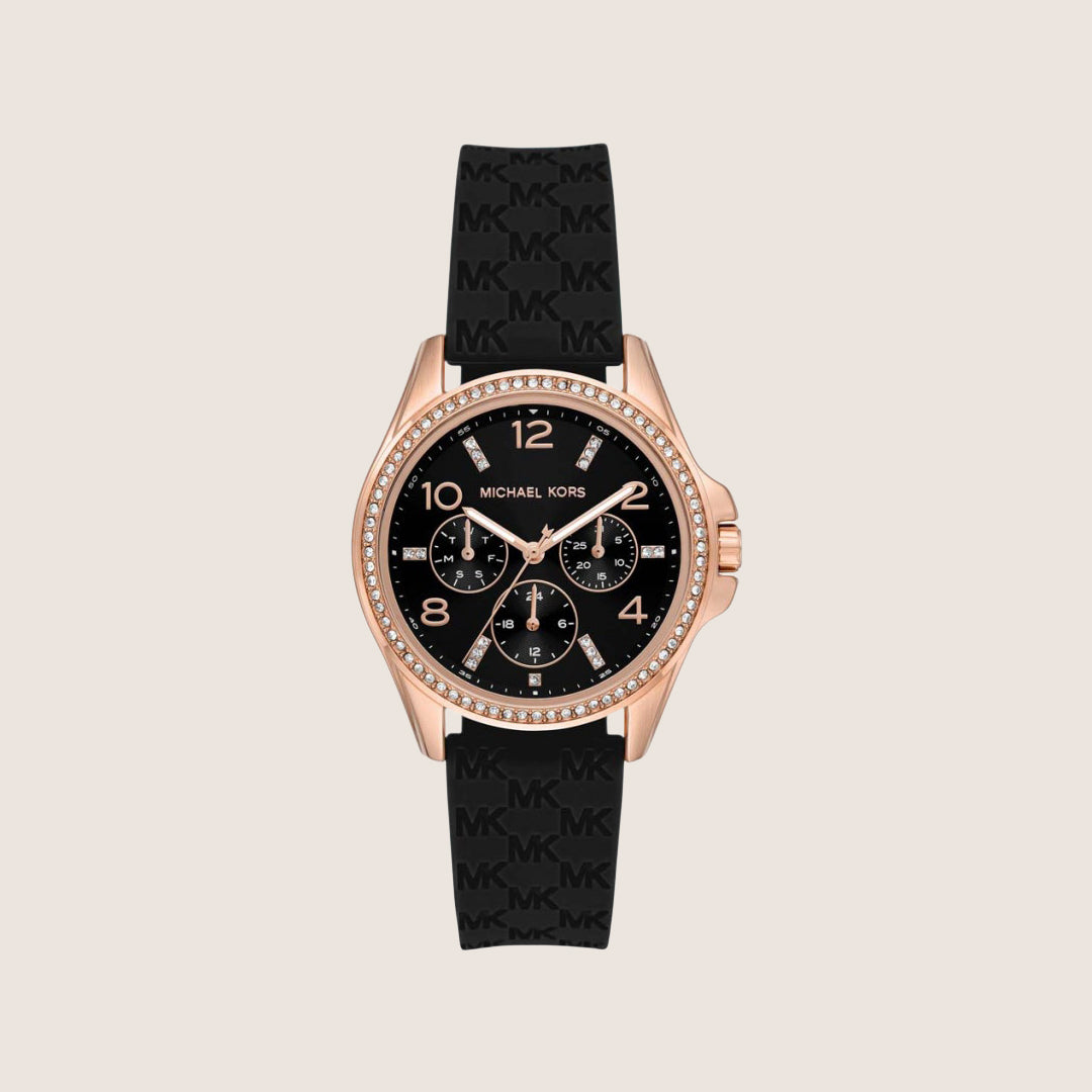 Michael Kors Women's Pilot Clear Stone-Set Black Dial Watch MK7373