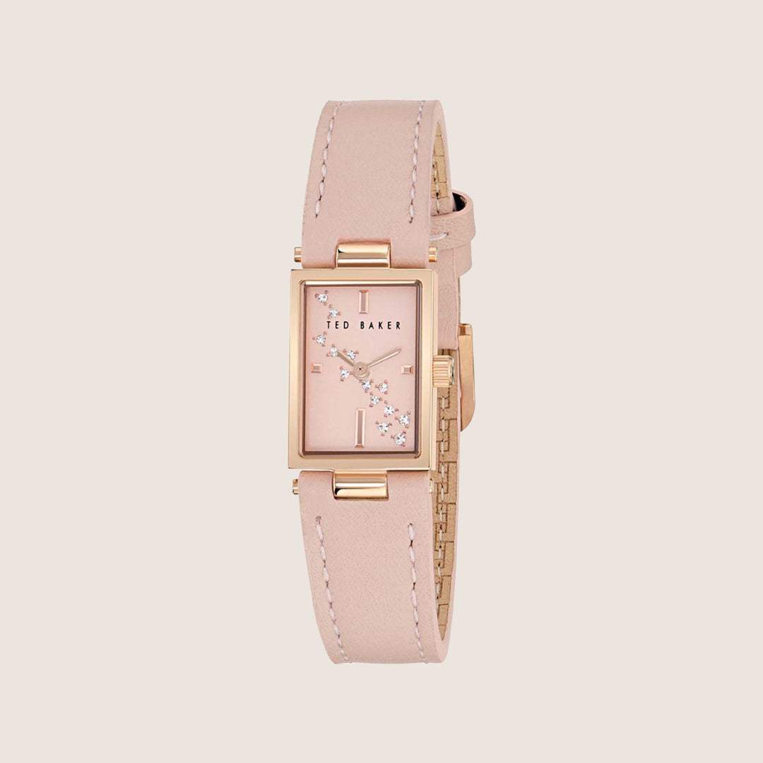Ted Baker Ladies Lileey Rose Gold Pink Leather Strap Rectangle Watch BKPLLF502