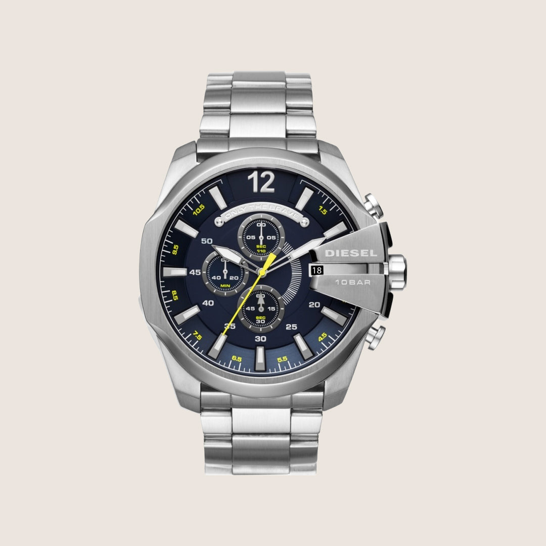 Diesel Mens Mega Chief Chronograph Blue Dial Steel Bracelet Watch DZ4465