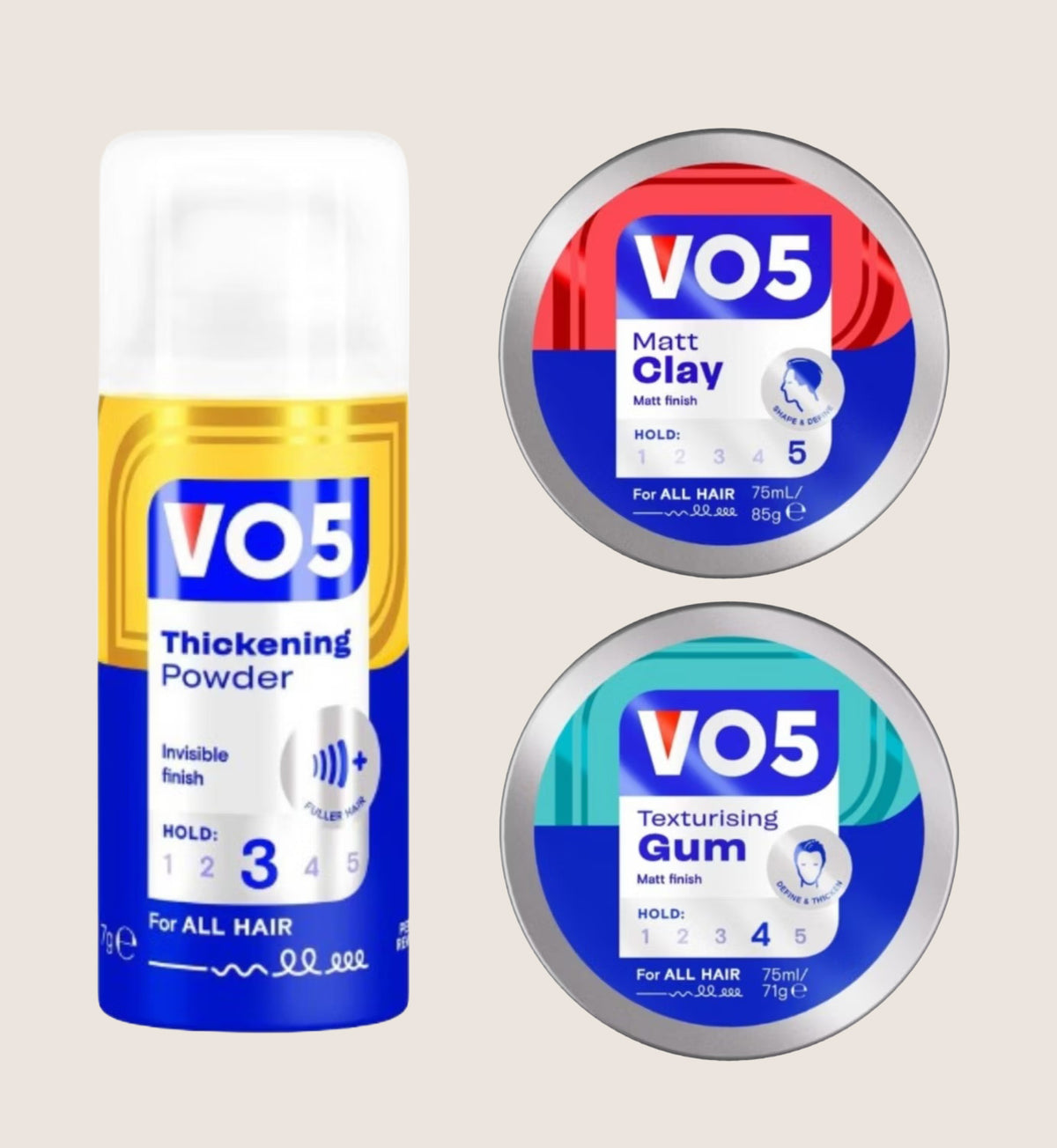VO5 Essentials Bundle Clay, Texturising Gum & Thickening Powder 75ml + 75ml + 7g