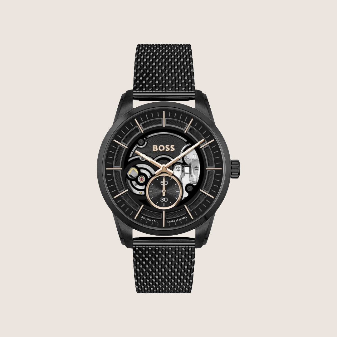 BOSS Men's Automatic Skeleton Transparent Black Dial Bracelet Watch 1514035