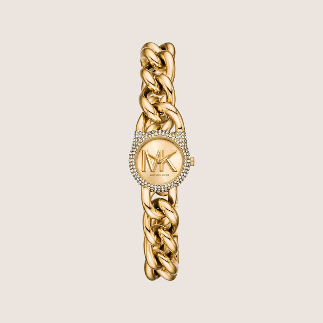 Michael Kors Women's Chain Lock Clear Stone-Set Gold Dial Watch MKO1067