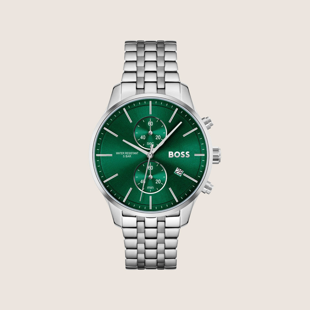BOSS Men's Chronograph Green Dial Silver Bracelet Watch 1513975