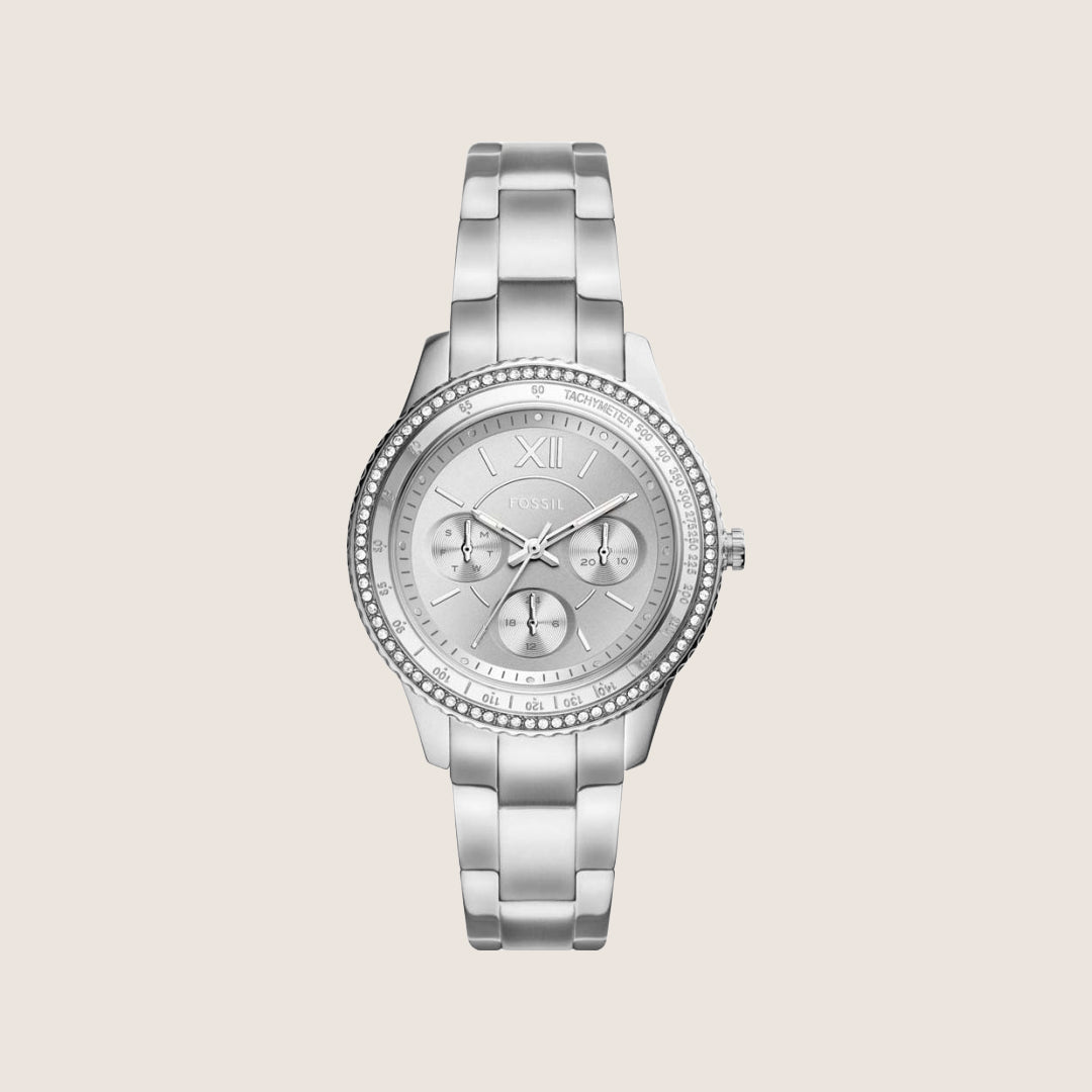 Fossil Women's Stella Silver Crystal Bracelet Day/Date Analogue Watch ES5108