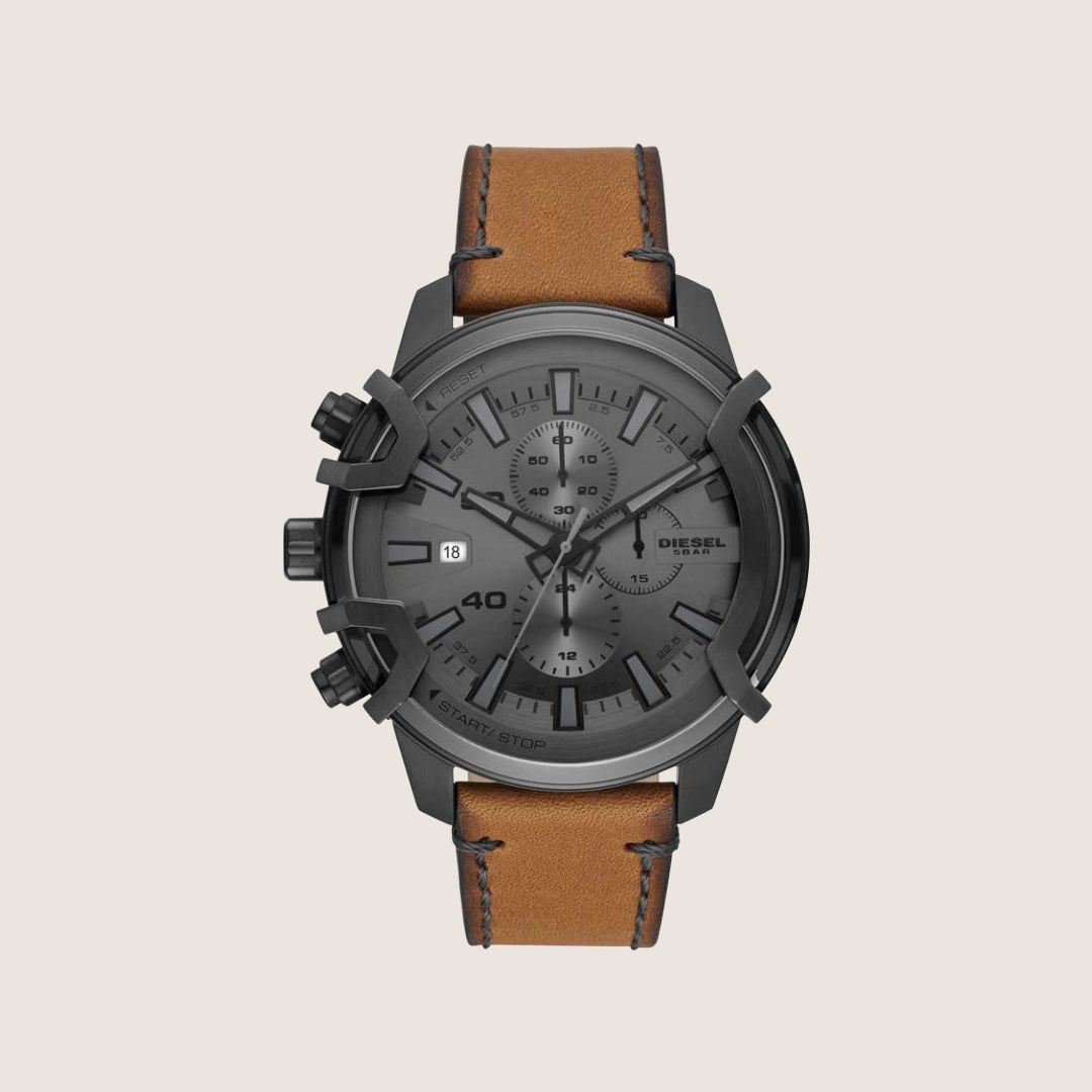 Diesel Mens Griffed Chronograph Gunmetal Dial Brown Leather Strap Watch DZ4569