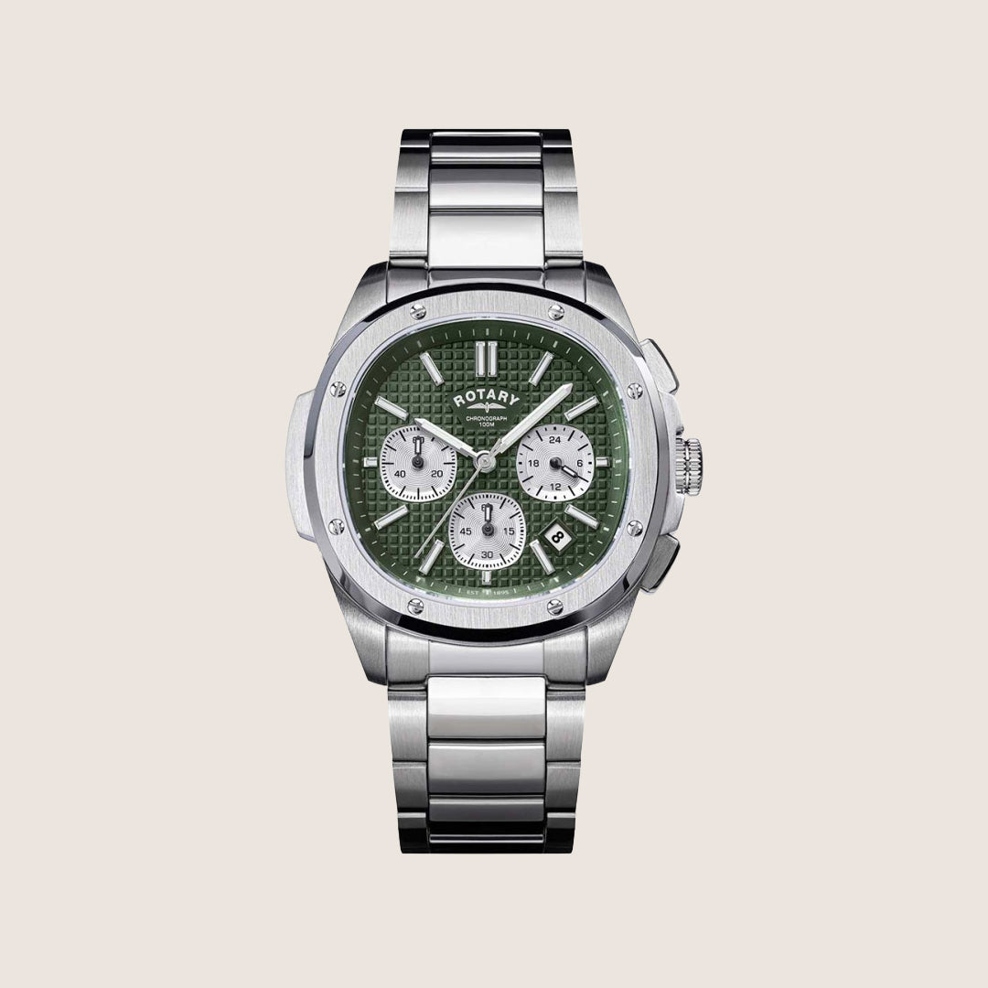 Rotary Mens Apex 100 Chronograph Green Dial Silver Bracelet Bold Sport Watch RGB10029-24