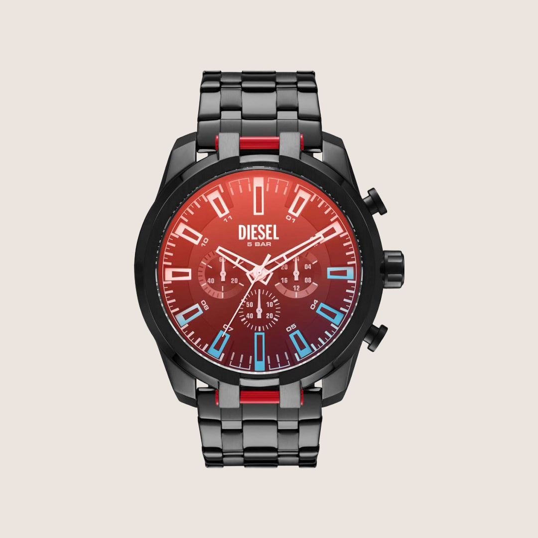 Diesel Mens Split Chronograph Two-Tone Dial Black Steel Bracelet Watch DZ4589