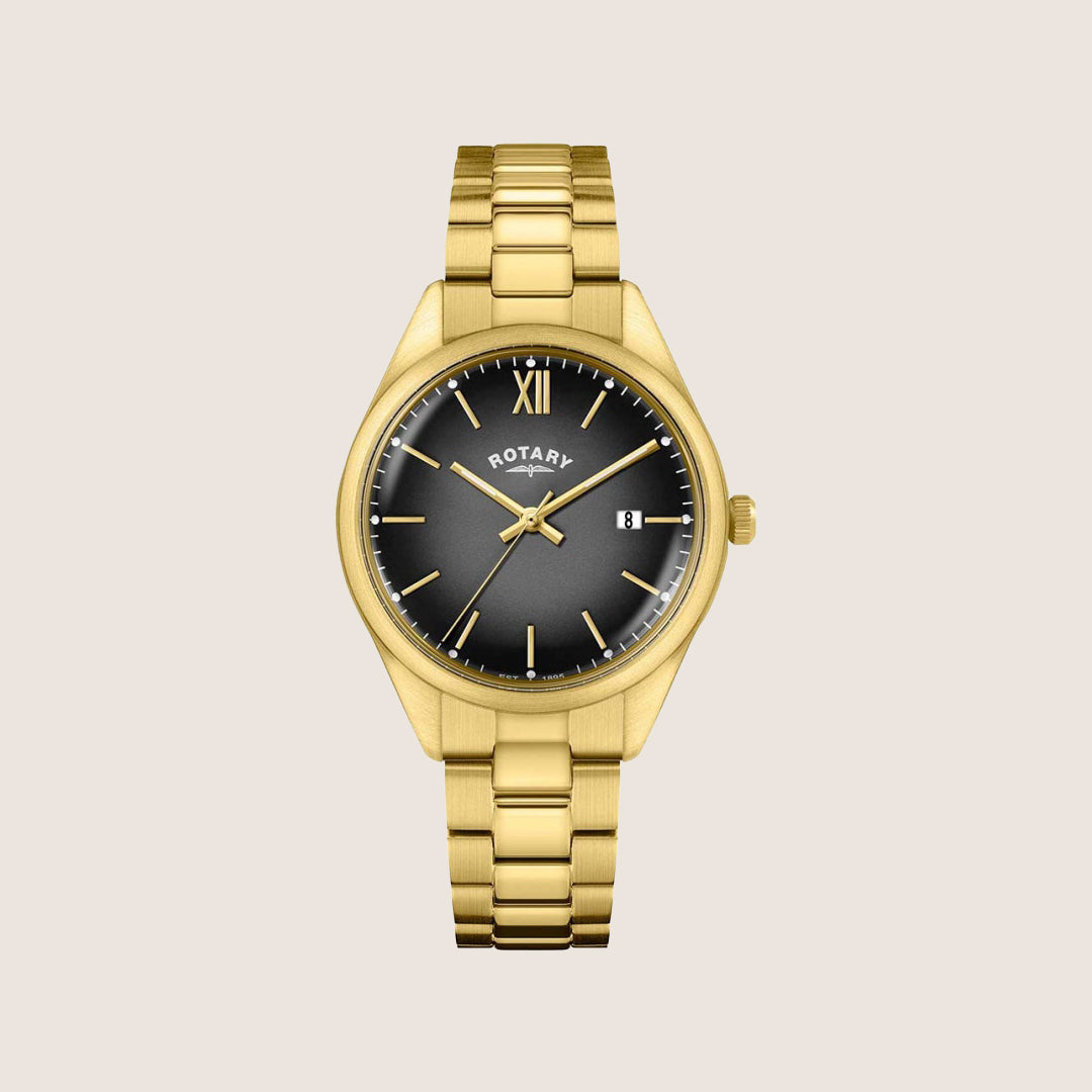 Rotary Mens Heritage Black Dial Roman Numeral Gold Bracelet Watch RGB10003-74