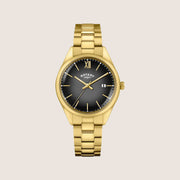 Rotary Mens Heritage Black Dial Roman Numeral Gold Bracelet Watch RGB10003-74