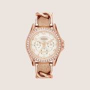 Fossil Women's Riley Rose Gold Champagne Dial Leather Strap Chronograph Watch ES3466