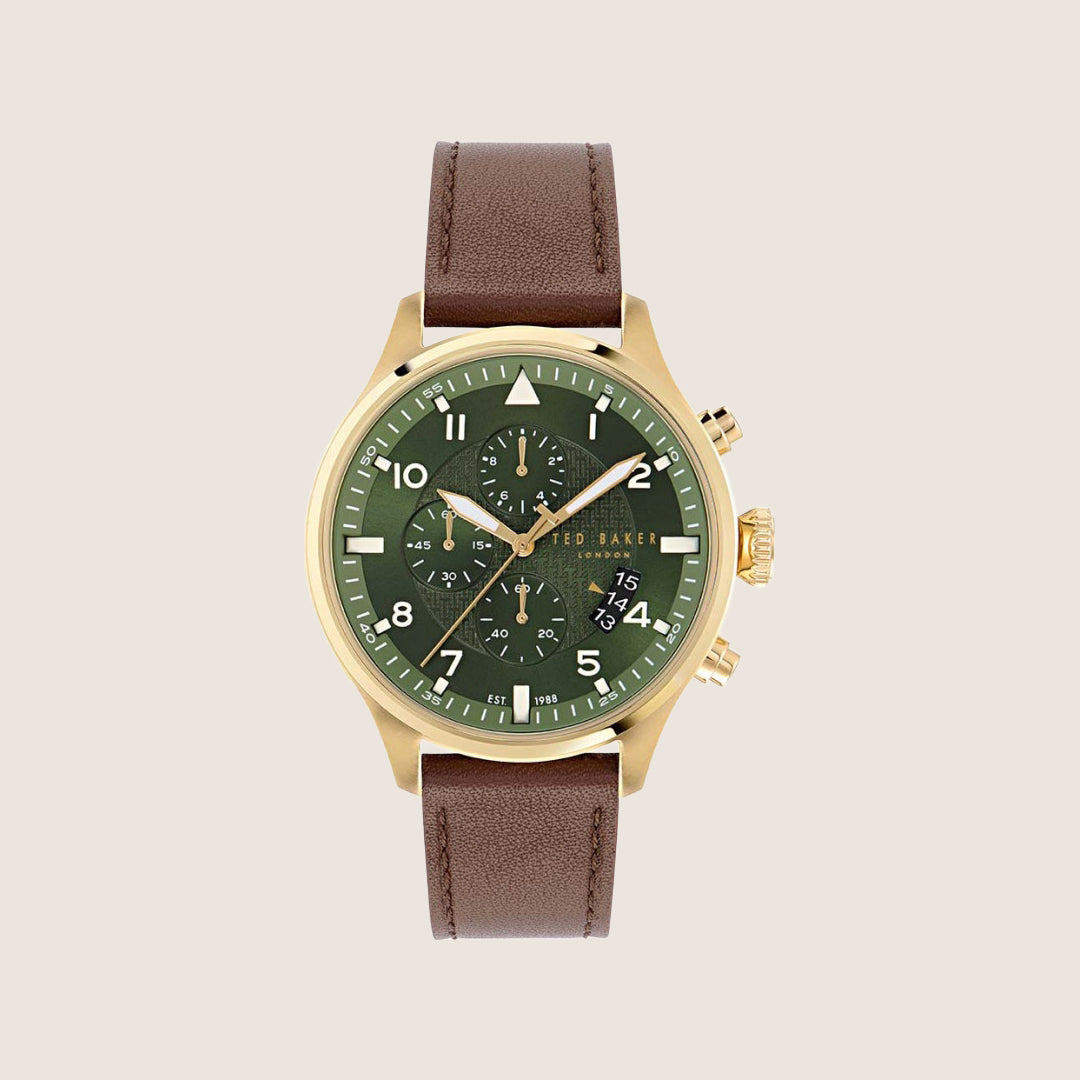 Ted Baker Mens Fulmaar Green Dial Chronograph Brown Leather Strap Watch BKPFMF408