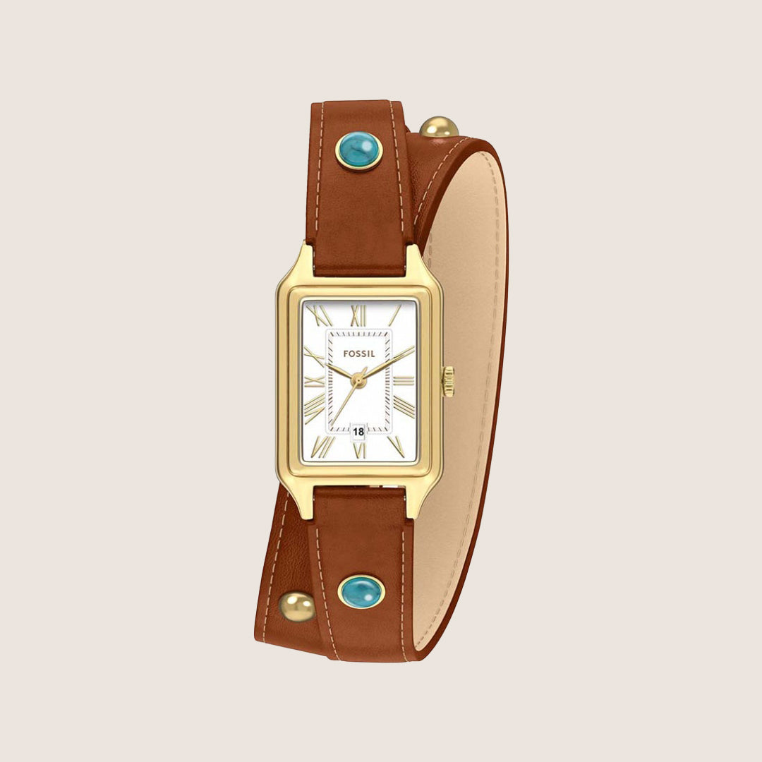 Fossil Women's Raquel Gold Rectangle Case Brown Leather Strap Date Watch ES5418