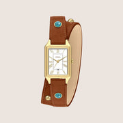 Fossil Women's Raquel Gold Rectangle Case Brown Leather Strap Date Watch ES5418