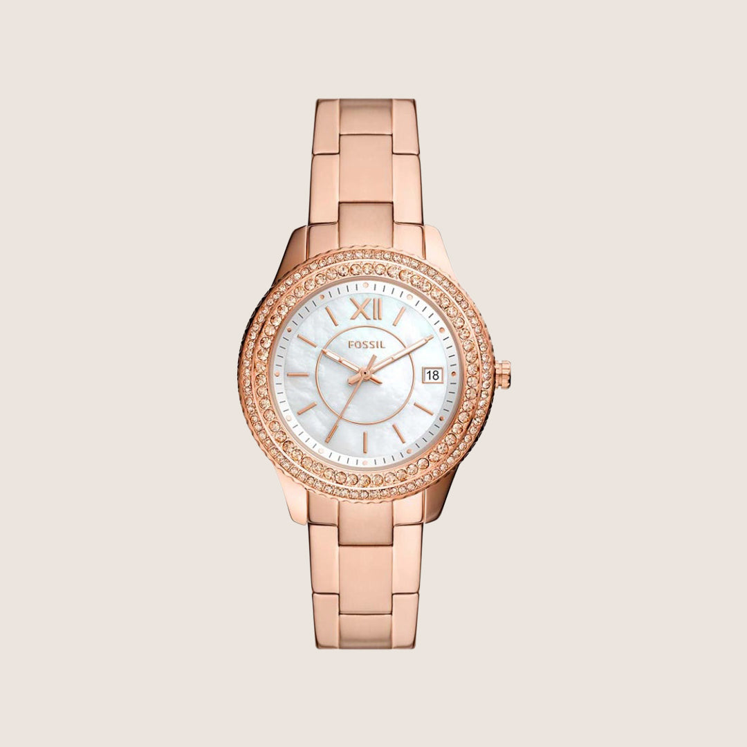 Fossil Women's Stella Rose Gold Mother-of-Pearl Crystal Bracelet Date Watch ES5131