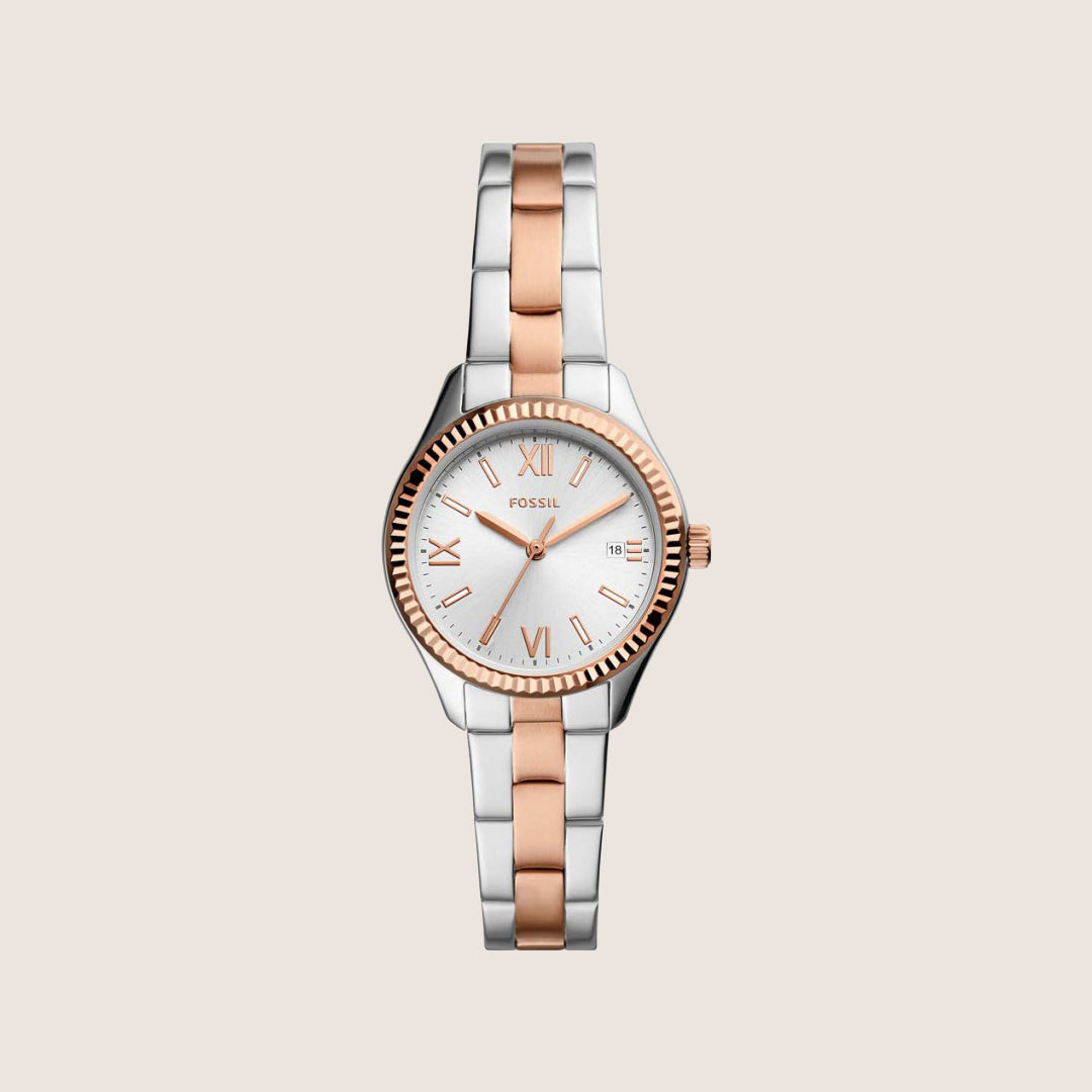 Fossil Women's Rye Two-Tone Silver Date Bracelet Analogue Watch BQ3928