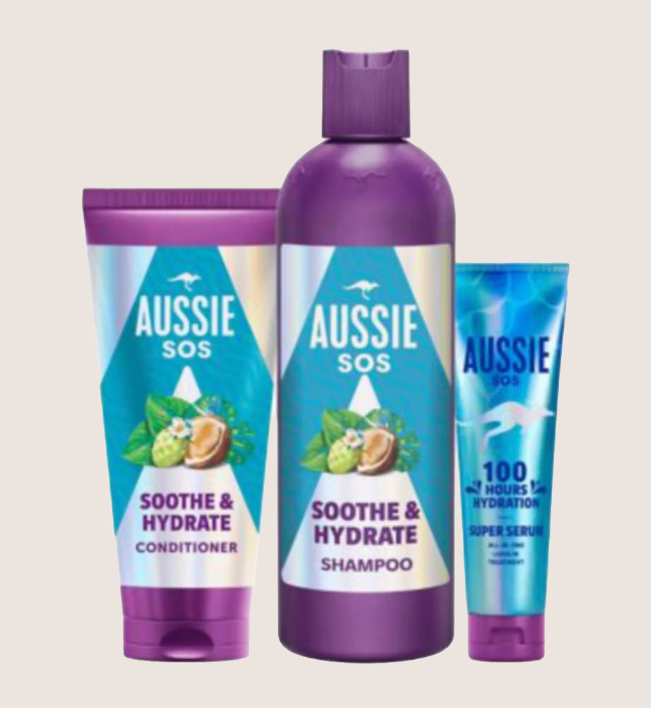 Aussie SOS Soothe & Hydrate Bundle - Shampoo, Conditioner, & Super Serum Leave in Treatment Volume Natural Cleanse & Nourish