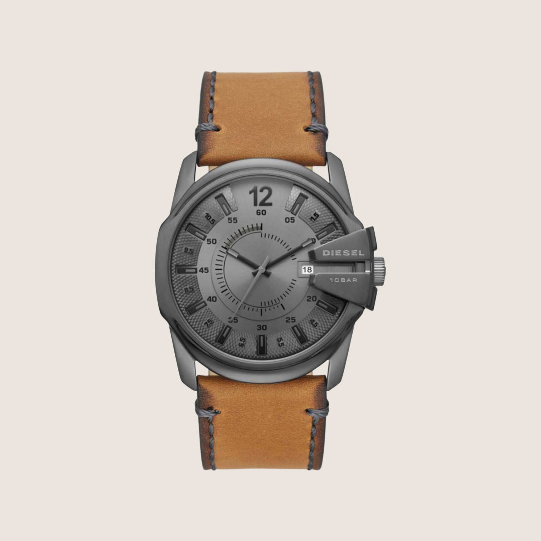 Diesel Mens Master Chief Gunmetal Dial Brown Leather Strap Watch DZ1964