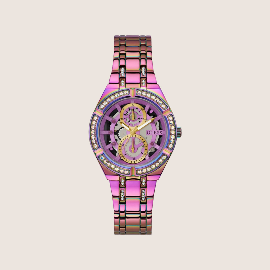 Guess Women's Allara Watch Crystal-Set Transparent, Purple Dial GW0604L4