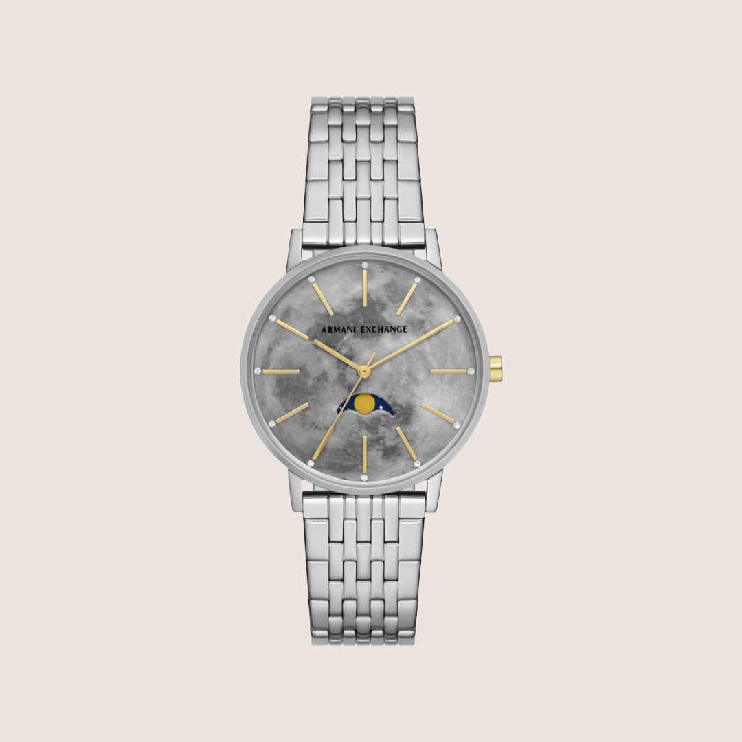 Armani Exchange Women's Dress Watch Silver Moonphase Grey Dial AX5585