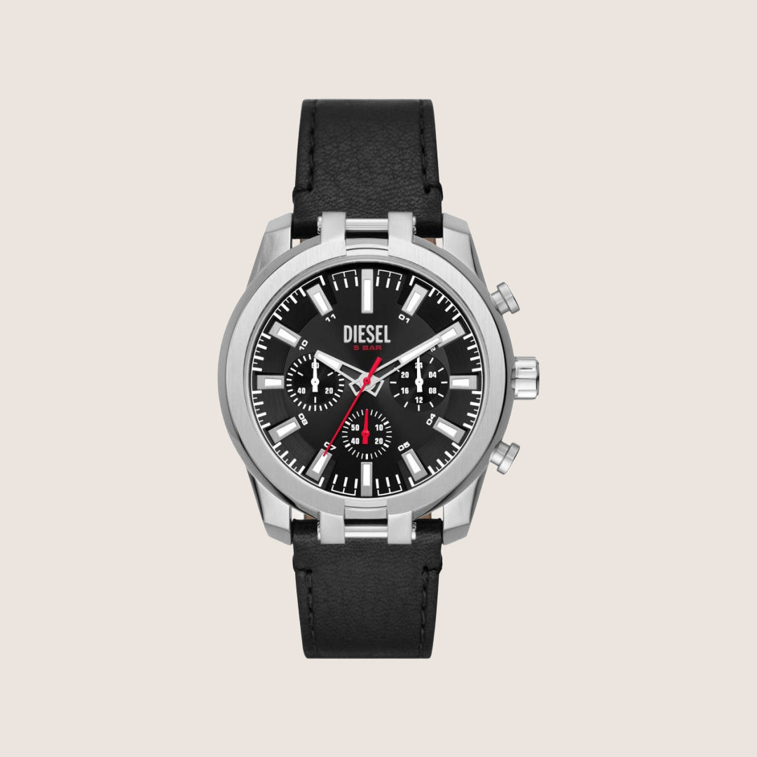 Diesel Mens Split Chronograph Black Dial Silver Case Black Leather Strap Watch DZ4622