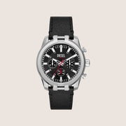 Diesel Mens Split Chronograph Black Dial Silver Case Black Leather Strap Watch DZ4622