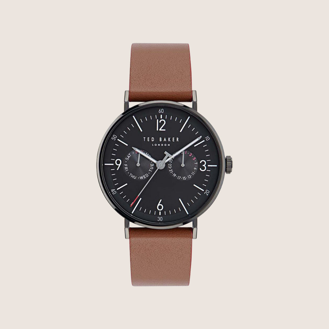 Ted Baker Mens Phylipa Timeless Black Dial Day/Date Brown Leather Strap Watch BKPPGF402