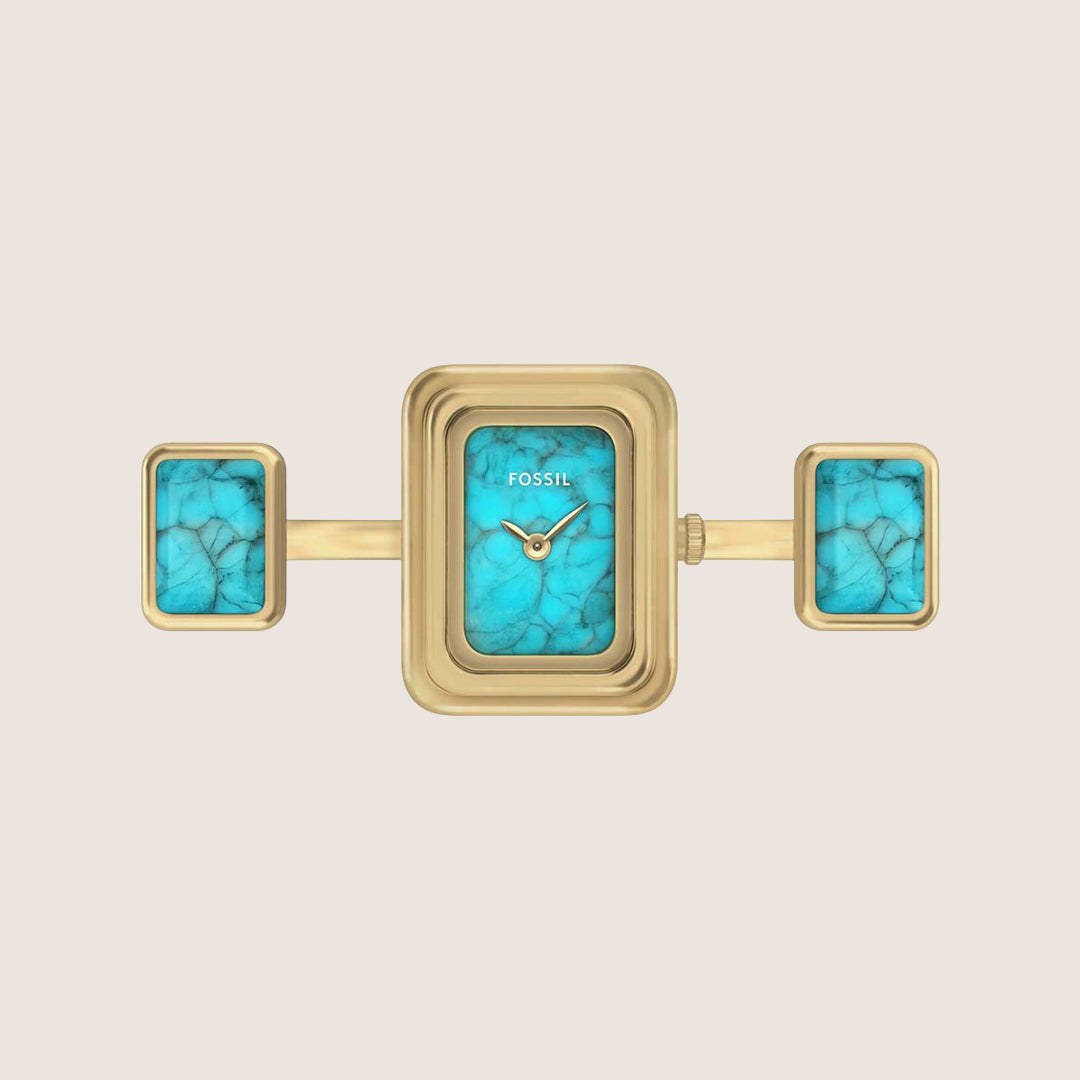 Fossil Women's Raquel Gold Blue Rectangle Analogue Ring Watch ES5432