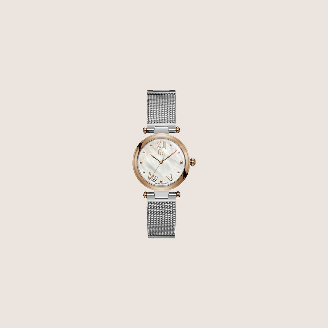 GC Ladies Rose Gold Bracelet White Mother Of Pearl Dial Roman Numeral Watch Y31003L1