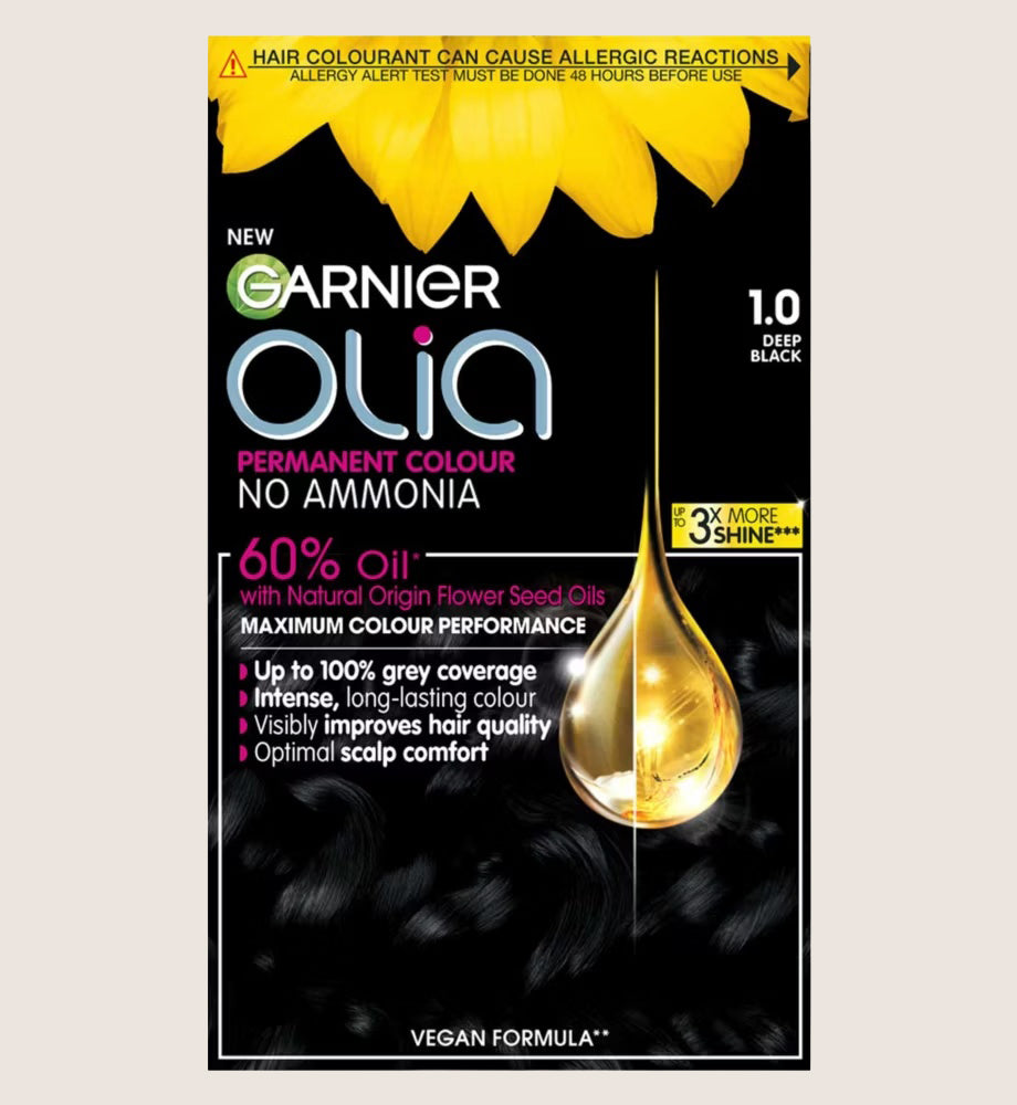 Garnier Olia 1.0 Night Black: 100% Grey Coverage, No Ammonia, for intense, vibrant hair