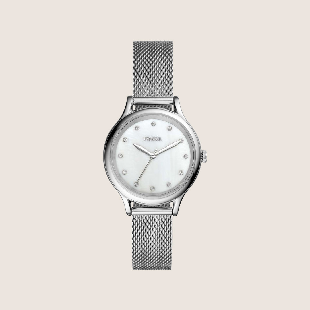 Fossil Women's Laney Silver Mother-of-Pearl Crystal Bracelet Analogue Watch BQ3390