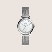 Fossil Women's Laney Silver Mother-of-Pearl Crystal Bracelet Analogue Watch BQ3390