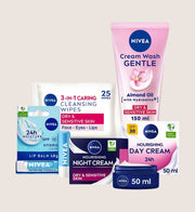 NIVEA Sensitive Cleansing Regime Bundle Lip Balm, Night Cream, Cream & Wipes Set