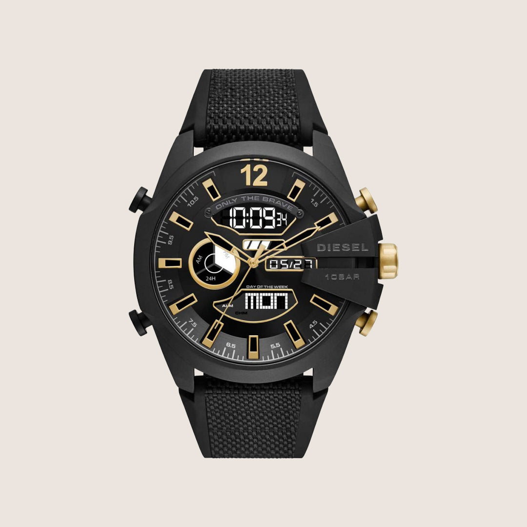 Diesel Mens Mega Chief Ana-Digi Alarm Chronograph Black Textile Strap Watch DZ4552