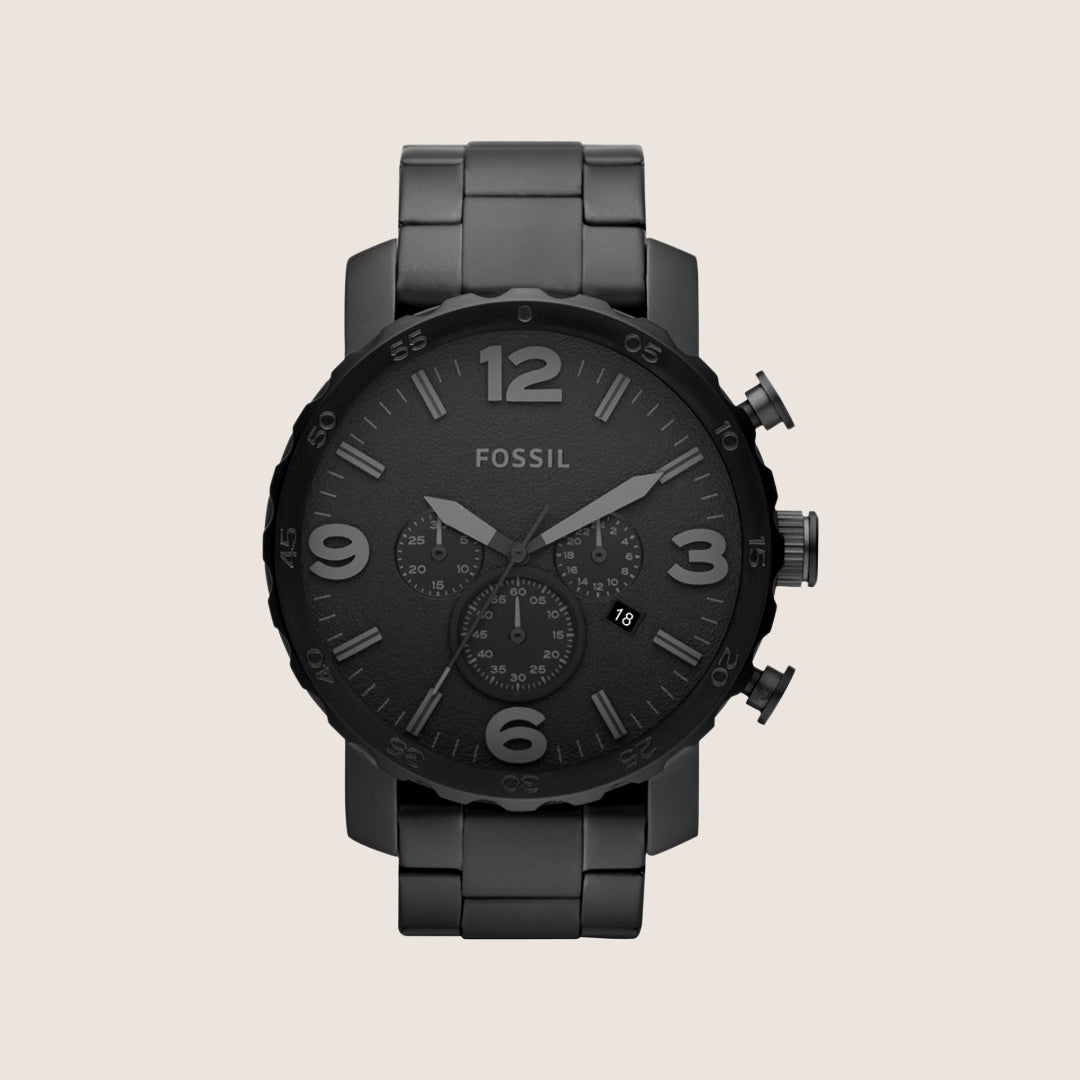 Fossil Mens Nate Black Steel Chronograph Watch JR1401