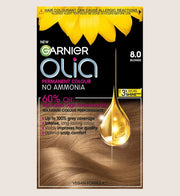 Garnier Olia 8.0 Blonde: 100% Grey Coverage, No Ammonia, offering luminous and shiny results