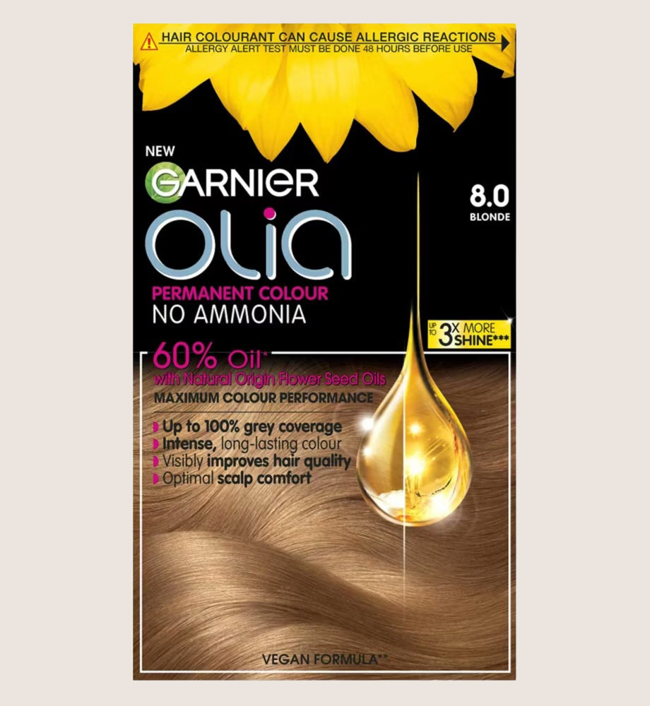 Garnier Olia 8.0 Blonde: 100% Grey Coverage, No Ammonia, offering luminous and shiny results