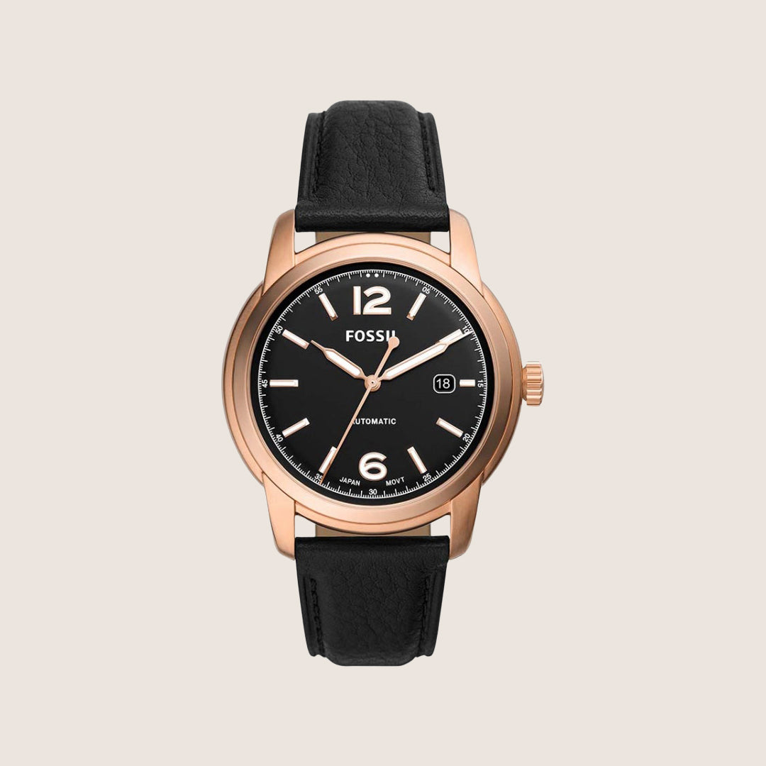 Fossil Mens Heritage Black Dial Rose Gold Automatic Watch ME3222