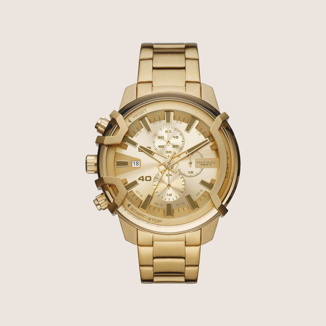Diesel Mens Griffed Chronograph Gold Dial Gold Steel Bracelet Watch DZ4573
