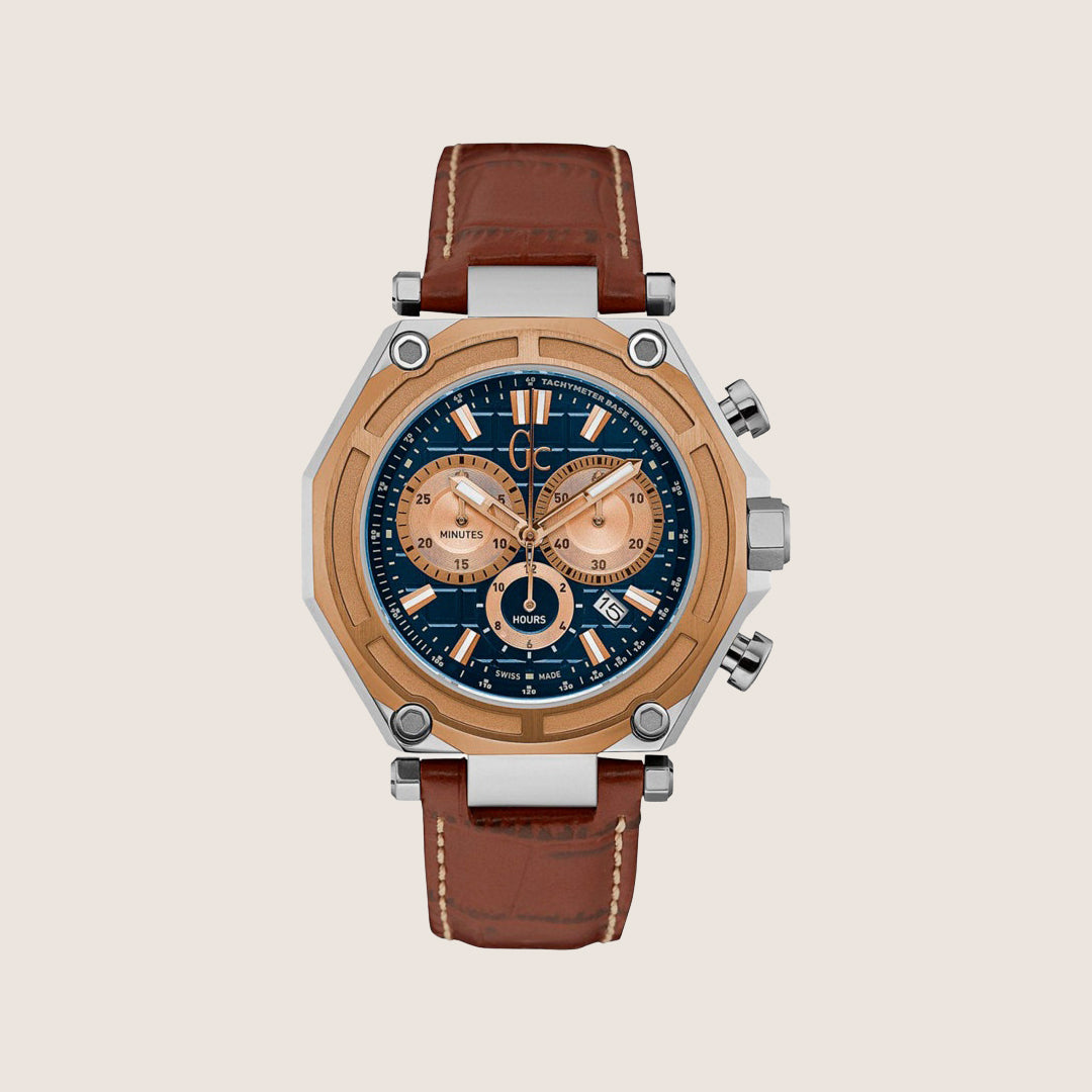 GC Men's Chronograph Blue Dial Brown Leather Strap Watch X10005G7S