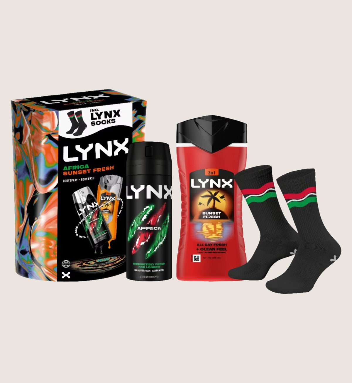 Lynx Africa & Sunset Fresh Duo Gift Set Body Spray, Body Wash & Socks 1 spray + 1 wash + socks